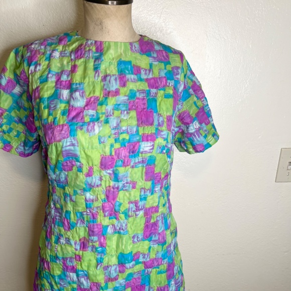 1970s Mod Neon Dress Size Medium quilt print colorful shift - Picture 8 of 14